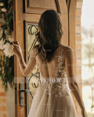 Chic Long A-line Sleeveless Flowers Backless Wedding Dress With Lace