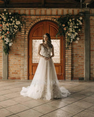 Chic Long A-line Sleeveless Flowers Backless Wedding Dress With Lace