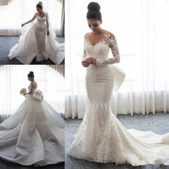 Chic Mermaid Lace Long Sleeves Wedding Dress With Detachable Train