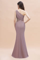 Chic One-Shoulder Dusk Chiffon Lace Ruffle Bridesmaid Dresses with Front Slit On Sale