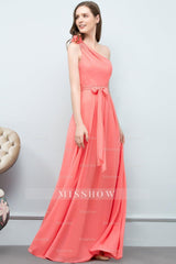 Chic One Shoulder Flower Long Bridesmaid dresses with Bow Sash