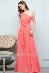 Chic One Shoulder Flower Long Bridesmaid dresses with Bow Sash