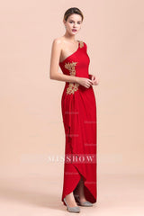 Chic One-Shoulder Long Sleeves Ruffle Mother of Bride Dresses with Appliques