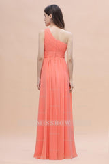Chic One-Shoulder Ruffles Chiffon Coral Bridesmaid dresses On Sale