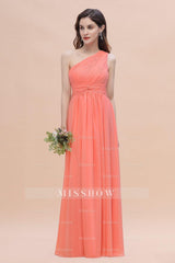 Chic One-Shoulder Ruffles Chiffon Coral Bridesmaid dresses On Sale