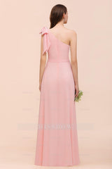 Chic One Shoulder Sleeveless Pink Chiffon Bridesmaid Dresses with Bow