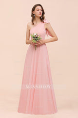 Chic One Shoulder Sleeveless Pink Chiffon Bridesmaid Dresses with Bow