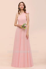 Chic One Shoulder Sleeveless Pink Chiffon Bridesmaid Dresses with Bow