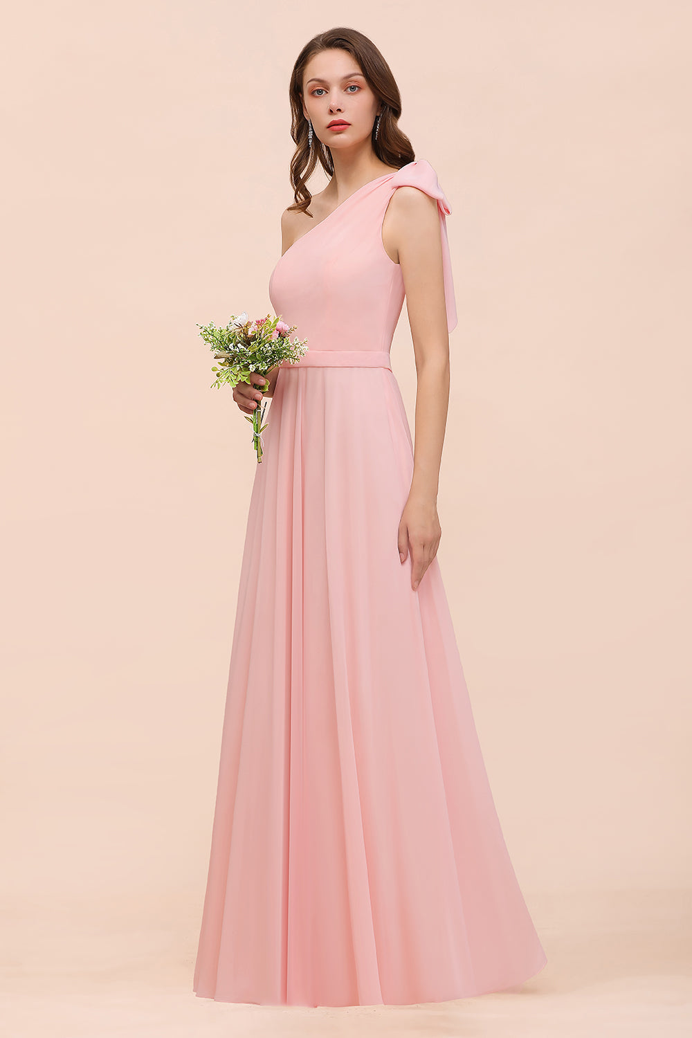 Chic One Shoulder Sleeveless Pink Chiffon Bridesmaid Dresses with Bow
