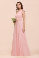 Chic One Shoulder Sleeveless Pink Chiffon Bridesmaid Dresses with Bow