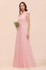 Chic One Shoulder Sleeveless Pink Chiffon Bridesmaid Dresses with Bow