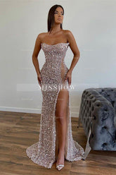 Chic Sequined Floor Length Strapless A-line Prom Dress with Front Slit