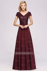Chic Sequined Top V-Neck Sleeveless Burgundy Bridesmaid dresses
