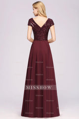 Chic Sequined Top V-Neck Sleeveless Burgundy Bridesmaid dresses