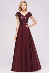 Chic Sequined Top V-Neck Sleeveless Burgundy Bridesmaid dresses