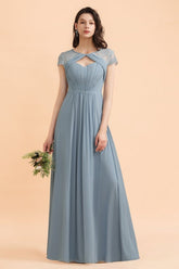Chic Short Sleeves Lace Chiffon Bridesmaid Dress with Ruffles