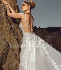 Chic Sleeveless V-Neck Wedding Dress Aline Tulle Brial Dress with Lace Appliques& Pockets