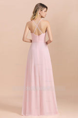 Chic Spaghetti Straps Chiffon Pink Bridesmaid dresses with Crisscross Back