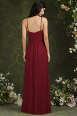 Chic Spaghetti Straps Halter A-Line Floor-length Split Bridesmaid Dress With Pockets