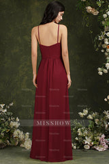 Chic Spaghetti Straps Halter A-Line Floor-length Split Bridesmaid Dress With Pockets