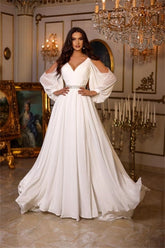 Chic Summer Chiffon A-line V-neck Wedding Dresses With Long Sleeves