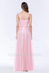 Chic Tulle Ruffle Halter Sleeveless Pearls Bridesmaid Dresses with Sash