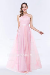 Chic Tulle Ruffle Halter Sleeveless Pearls Bridesmaid Dresses with Sash