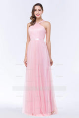 Chic Tulle Ruffle Halter Sleeveless Pearls Bridesmaid Dresses with Sash