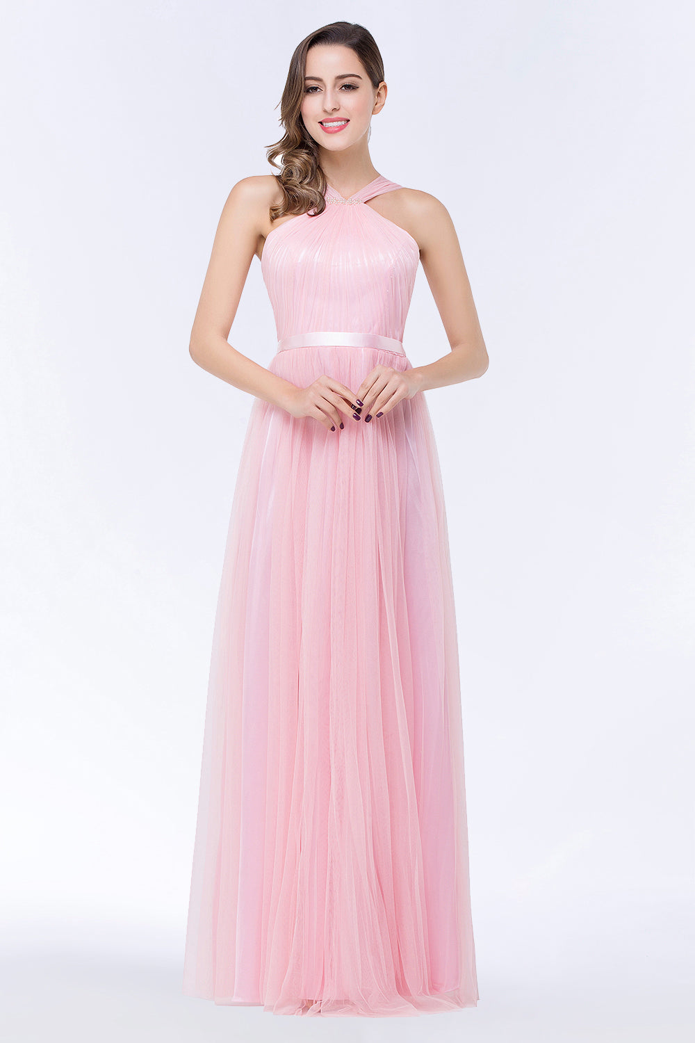 Chic Tulle Ruffle Halter Sleeveless Pearls Bridesmaid Dresses with Sash