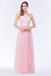 Chic Tulle Ruffle Halter Sleeveless Pearls Bridesmaid Dresses with Sash