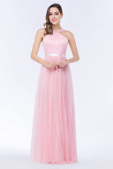 Chic Tulle Ruffle Halter Sleeveless Pearls Bridesmaid Dresses with Sash