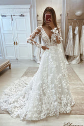 White v-neck applique a-line wedding dress