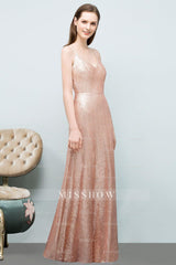 Chic V-Neck Spaghetti-Straps Sequined Long Bridesmaid dresses Affordable