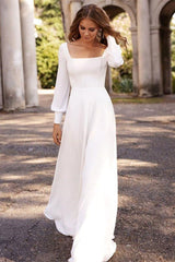 Chic White Satin Long Sleeves A-Line Wedding Dresses Long