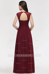 Chiffon Burgundy V-Neck Cap Sleeve Bridesmaid Dresses with Beadings