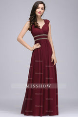Chiffon Burgundy V-Neck Cap Sleeve Bridesmaid Dresses with Beadings