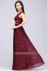 Chiffon Burgundy V-Neck Cap Sleeve Bridesmaid Dresses with Beadings