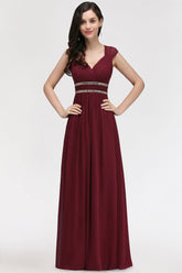 Chiffon Burgundy V-Neck Cap Sleeve Bridesmaid Dresses with Beadings