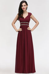 Chiffon Burgundy V-Neck Cap Sleeve Bridesmaid Dresses with Beadings