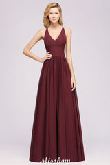 Chiffon Lace A-line Bridesmaid Dresses | V-Neck Sleeveless Floor Length Maid of the Honor Dresses