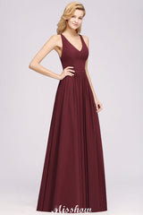 Chiffon Lace A-line Bridesmaid Dresses | V-Neck Sleeveless Floor Length Maid of the Honor Dresses