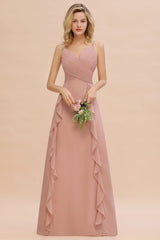 Chiffon Long Sleeveless Bridesmaid Dresses with Cascading Ruffles