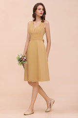 Chiffon Mini Golden Bridesmaid Dress Daily Casual Dress Sleeveless V-neck