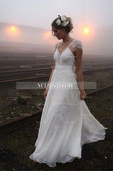 Chiffon Sleeveless V-Neck Lace Wedding Dress