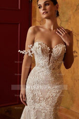 Classy Off-the-shoulder Sleeveless Mermaid Lace Wedding Dresses with Applique