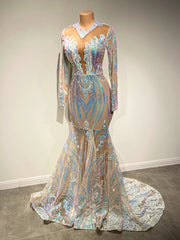 Classy V-neck Sequins Floor-length Mermaid Prom Dresses With Long Sleeves