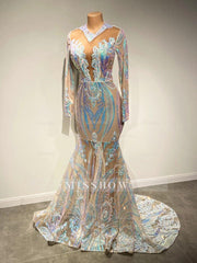 Classy V-neck Sequins Floor-length Mermaid Prom Dresses With Long Sleeves