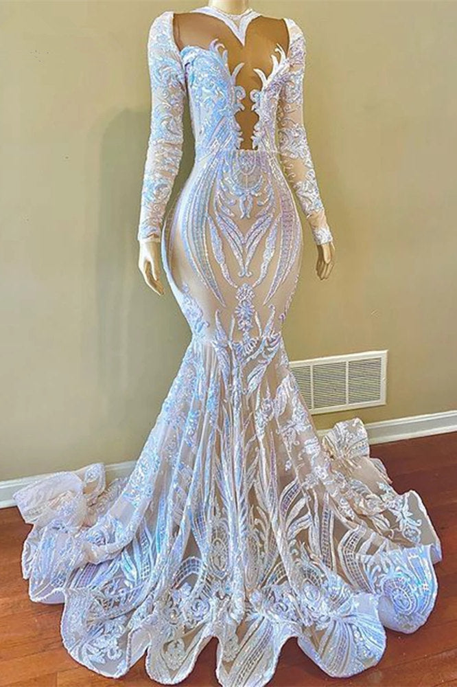 Classy V-neck Sequins Floor-length Mermaid Prom Dresses With Long Sleeves