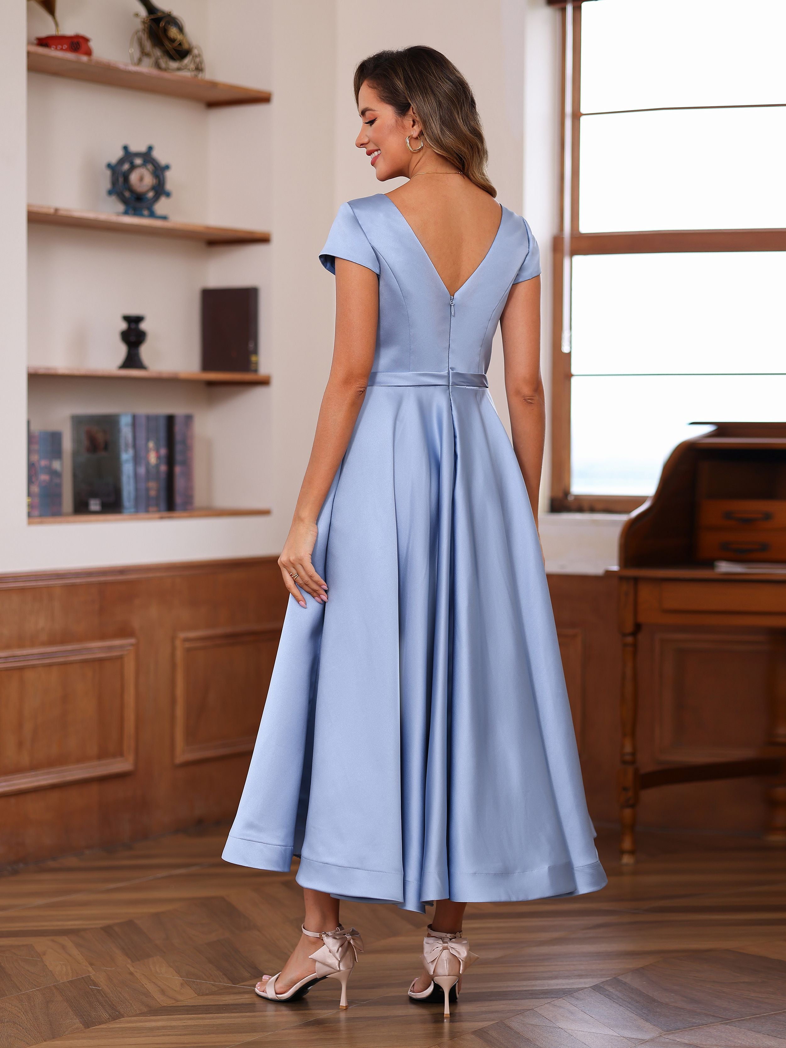A Line Princess V Neck Short Sleeves Ankle Length Mother Of The Bride Dresses With Pockets Ruffles
