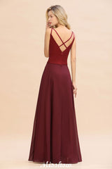 Cross Backless Floor Length Satin Evening Gowns Burgundy Bridesmaid Dress
